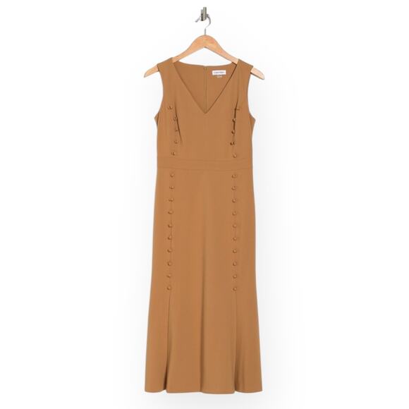 New CALVIN KLEIN Flounce Peplum Mermaid Midi Dress V-Neck Brown Career Office 2 - Picture 10 of 13